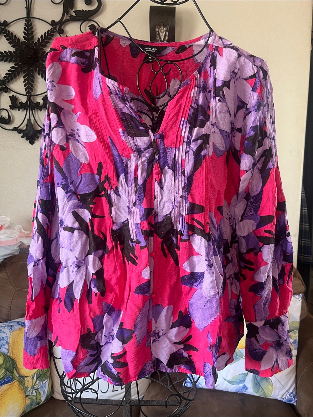 Simply Vera Vera Wang Fuchsia and Lavender Floral Pintuck Peasant Blouse